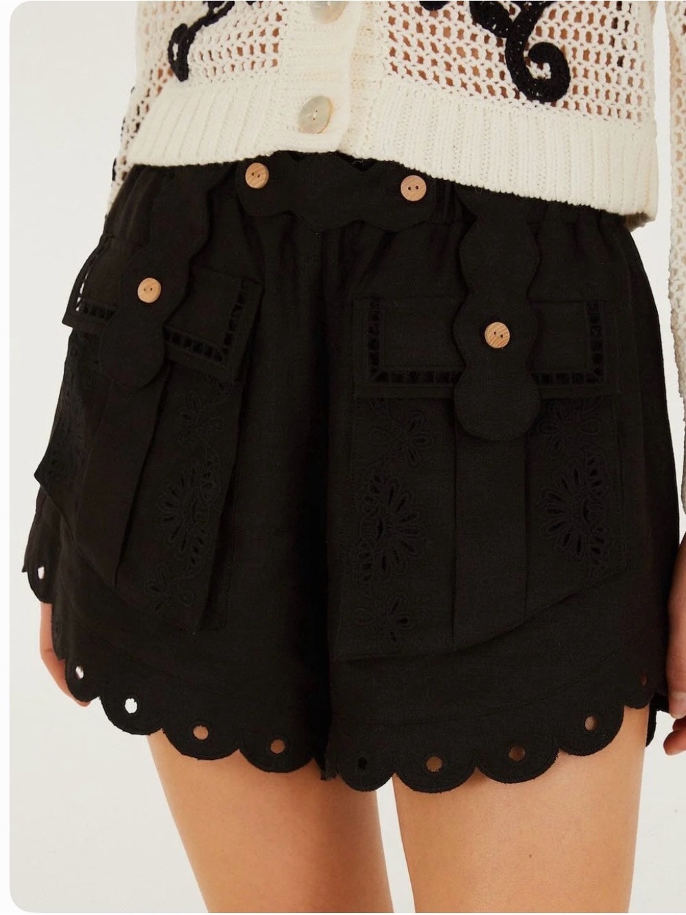 FARM Rio Black Scalloped-Hem Shorts